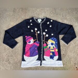 Quacker Factory Snowman cardigan Sweater cotton & angora granny holiday EUC